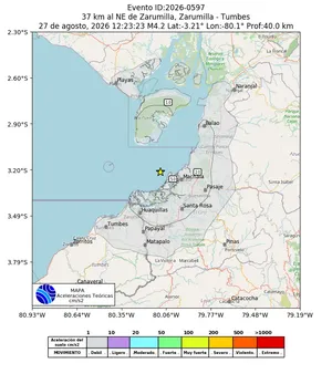 Mapa de aceleración teórica del sismo de magnitud 4.2 a 37 km al NE de Zarumilla, Zarumilla - Tumbes, Perú