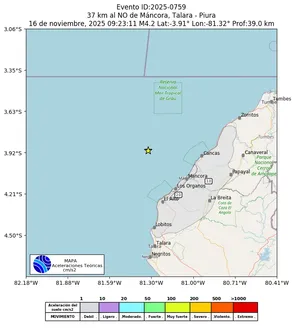 Mapa de aceleración teórica del sismo de magnitud 4.2 a 37 km al NO de Máncora, Talara - Piura, Perú