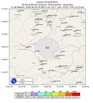 Mapa de aceleración teórica del sismo de magnitud 4.2 a 39 km al NE de Coracora, Parinacochas - Ayacucho, Perú