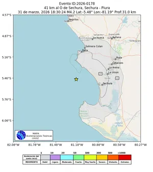 Mapa de aceleración teórica del sismo de magnitud 4.2 a 41 km al O de Sechura, Sechura - Piura, Perú