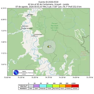 Mapa de aceleración teórica del sismo de magnitud 4.2 a 42 km al SE de Contamana, Ucayali - Loreto, Perú