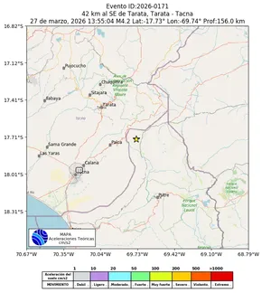 Mapa de aceleración teórica del sismo de magnitud 4.2 a 42 km al SE de Tarata, Tarata - Tacna, Perú