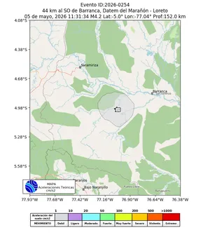 Mapa de aceleración teórica del sismo de magnitud 4.2 a 44 km al SO de Barranca, Datem del Marañón - Loreto, Perú