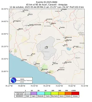 Mapa de aceleración teórica del sismo de magnitud 4.2 a 45 km al NE de Acarí, Caravelí - Arequipa, Perú