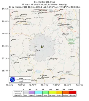 Mapa de aceleración teórica del sismo de magnitud 4.2 a 47 km al NE de Cotahuasi, La Unión - Arequipa, Perú