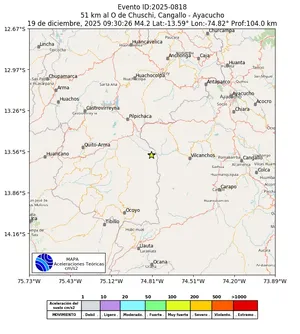 Mapa de aceleración teórica del sismo de magnitud 4.2 a 51 km al O de Chuschi, Cangallo - Ayacucho, Perú