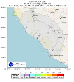 Mapa de aceleración teórica del sismo de magnitud 4.2 a 54 km al SO de Palpa, Palpa - Ica, Perú