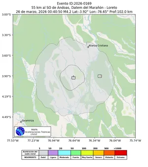 Mapa de aceleración teórica del sismo de magnitud 4.2 a 55 km al SO de Andoas, Datem del Marañón - Loreto, Perú