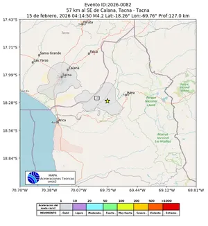 Mapa de aceleración teórica del sismo de magnitud 4.2 a 57 km al SE de Calana, Tacna - Tacna, Perú