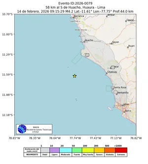 Mapa de aceleración teórica del sismo de magnitud 4.2 a 58 km al S de Huacho, Huaura - Lima, Perú