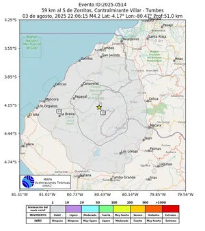 Mapa de aceleración teórica del sismo de magnitud 4.2 a 59 km al S de Zorritos, Contralmirante Villar - Tumbes, Perú