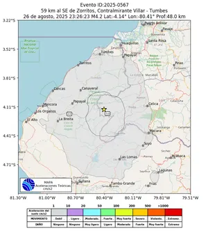 Mapa de aceleración teórica del sismo de magnitud 4.2 a 59 km al SE de Zorritos, Contralmirante Villar - Tumbes, Perú