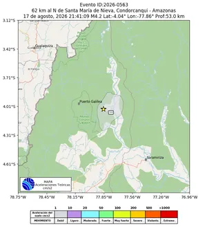 Mapa de aceleración teórica del sismo de magnitud 4.2 a 62 km al N de Santa María de Nieva, Condorcanqui - Amazonas, Perú