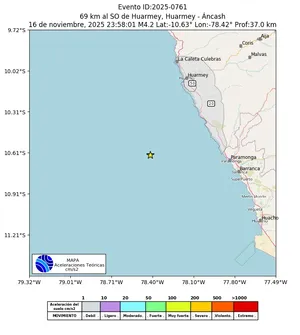 Mapa de aceleración teórica del sismo de magnitud 4.2 a 69 km al SO de Huarmey, Huarmey - Áncash, Perú