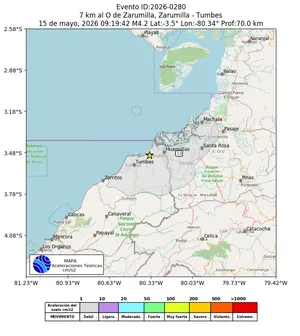 Mapa de aceleración teórica del sismo de magnitud 4.2 a 7 km al O de Zarumilla, Zarumilla - Tumbes, Perú