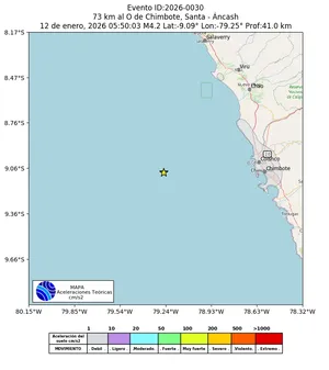 Mapa de aceleración teórica del sismo de magnitud 4.2 a 73 km al O de Chimbote, Santa - Áncash, Perú