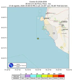 Mapa de aceleración teórica del sismo de magnitud 4.2 a 85 km al S de Pisco, Pisco - Ica, Perú