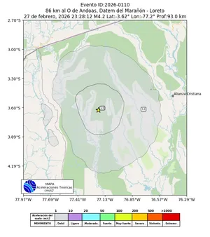 Mapa de aceleración teórica del sismo de magnitud 4.2 a 86 km al O de Andoas, Datem del Marañón - Loreto, Perú