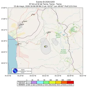 Mapa de aceleración teórica del sismo de magnitud 4.2 a 87 km al SE de Tacna, Tacna - Tacna, Perú