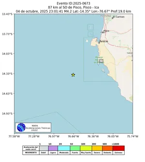 Mapa de aceleración teórica del sismo de magnitud 4.2 a 87 km al SO de Pisco, Pisco - Ica, Perú