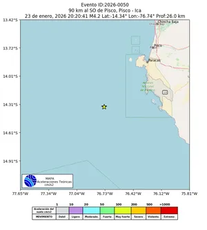 Mapa de aceleración teórica del sismo de magnitud 4.2 a 90 km al SO de Pisco, Pisco - Ica, Perú