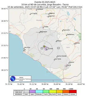Mapa de aceleración teórica del sismo de magnitud 4.3 a 10 km al NO de Locumba, Jorge Basadre - Tacna, Perú