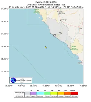 Mapa de aceleración teórica del sismo de magnitud 4.3 a 102 km al NO de Marcona, Nazca - Ica, Perú