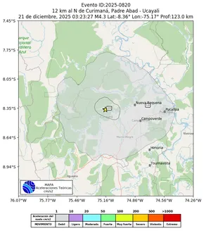 Mapa de aceleración teórica del sismo de magnitud 4.3 a 12 km al N de Curimaná, Padre Abad - Ucayali, Perú