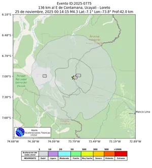 Mapa de aceleración teórica del sismo de magnitud 4.3 a 136 km al E de Contamana, Ucayali - Loreto, Perú