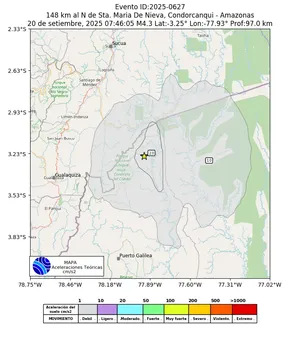 Mapa de aceleración teórica del sismo de magnitud 4.3 a 148 km al N de Sta. Maria De Nieva, Condorcanqui - Amazonas, Perú