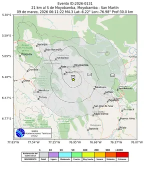 Mapa de aceleración teórica del sismo de magnitud 4.3 a 21 km al S de Moyobamba, Moyobamba - San Martín, Perú