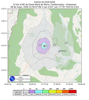 Mapa de aceleración teórica del sismo de magnitud 4.3 a 22 km al NE de Santa María de Nieva, Condorcanqui - Amazonas, Perú