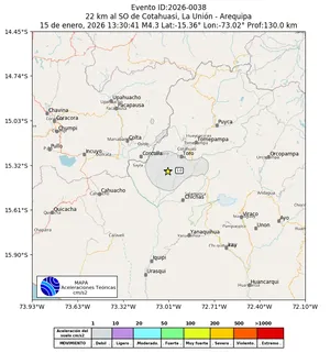 Mapa de aceleración teórica del sismo de magnitud 4.3 a 22 km al SO de Cotahuasi, La Unión - Arequipa, Perú