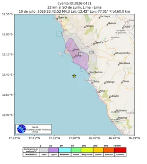 Mapa de aceleración teórica del sismo de magnitud 4.3 a 22 km al SO de Lurín, Lima - Lima, Perú