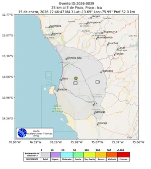 Mapa de aceleración teórica del sismo de magnitud 4.3 a 25 km al E de Pisco, Pisco - Ica, Perú