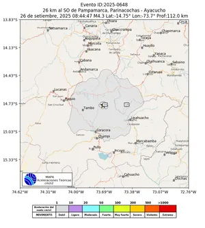 Mapa de aceleración teórica del sismo de magnitud 4.3 a 26 km al SO de Pampamarca, Parinacochas - Ayacucho, Perú