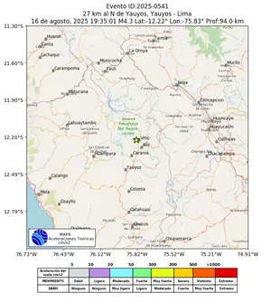 Mapa de aceleración teórica del sismo de magnitud 4.3 a 27 km al N de Yauyos, Yauyos - Lima, Perú