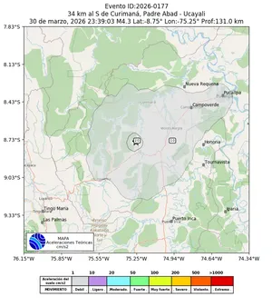 Mapa de aceleración teórica del sismo de magnitud 4.3 a 34 km al S de Curimaná, Padre Abad - Ucayali, Perú