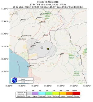 Mapa de aceleración teórica del sismo de magnitud 4.3 a 37 km al E de Calana, Tacna - Tacna, Perú
