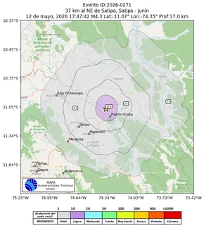 Mapa de aceleración teórica del sismo de magnitud 4.3 a 37 km al NE de Satipo, Satipo - Junín, Perú