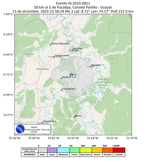 Mapa de aceleración teórica del sismo de magnitud 4.3 a 38 km al S de Pucallpa, Coronel Portillo - Ucayali, Perú