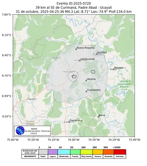 Mapa de aceleración teórica del sismo de magnitud 4.3 a 39 km al SE de Curimaná, Padre Abad - Ucayali, Perú