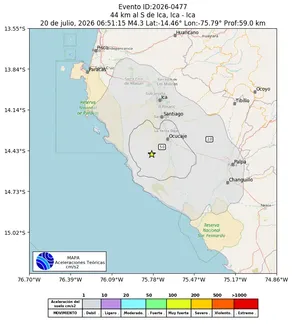 Mapa de aceleración teórica del sismo de magnitud 4.3 a 44 km al S de Ica, Ica - Ica, Perú
