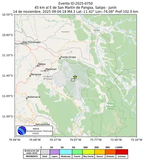 Mapa de aceleración teórica del sismo de magnitud 4.3 a 45 km al E de San Martín de Pangoa, Satipo - Junín, Perú