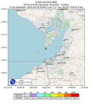 Mapa de aceleración teórica del sismo de magnitud 4.3 a 45 km al N de Zarumilla, Zarumilla - Tumbes, Perú
