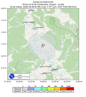 Mapa de aceleración teórica del sismo de magnitud 4.3 a 50 km al SE de Contamana, Ucayali - Loreto, Perú