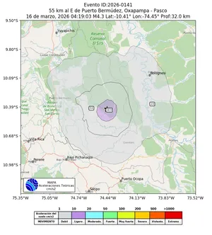 Mapa de aceleración teórica del sismo de magnitud 4.3 a 55 km al E de Puerto Bermúdez, Oxapampa - Pasco, Perú