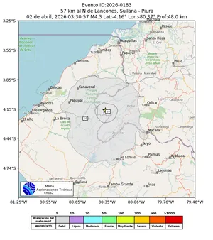 Mapa de aceleración teórica del sismo de magnitud 4.3 a 57 km al N de Lancones, Sullana - Piura, Perú