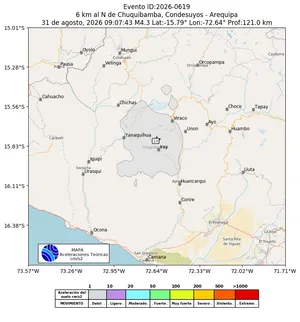Mapa de aceleración teórica del sismo de magnitud 4.3 a 6 km al N de Chuquibamba, Condesuyos - Arequipa, Perú