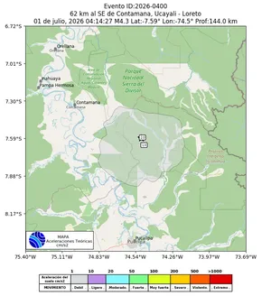 Mapa de aceleración teórica del sismo de magnitud 4.3 a 62 km al SE de Contamana, Ucayali - Loreto, Perú